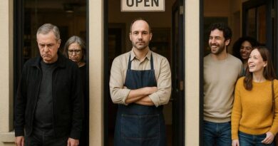 majitel prodejny stojí uprostřed, dveřmi na levé straně vycházejí zamračení zákazníci oblečení černě, dveřmi na pravé straně vcházejí usmívající se zákazníci oblečení barevně, fotografický styl