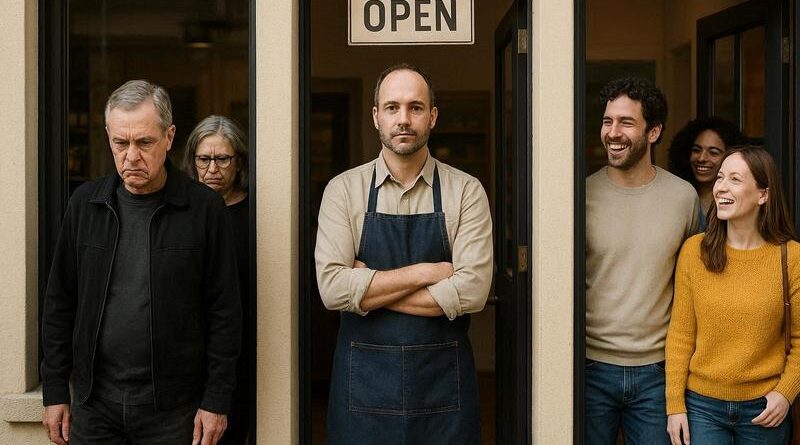 majitel prodejny stojí uprostřed, dveřmi na levé straně vycházejí zamračení zákazníci oblečení černě, dveřmi na pravé straně vcházejí usmívající se zákazníci oblečení barevně, fotografický styl